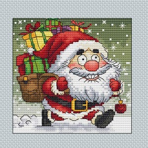 Père Noël en dessin animé avec des cadeaux, modèle PDF de nain de Noël, carte postale carrée de Noël au point x