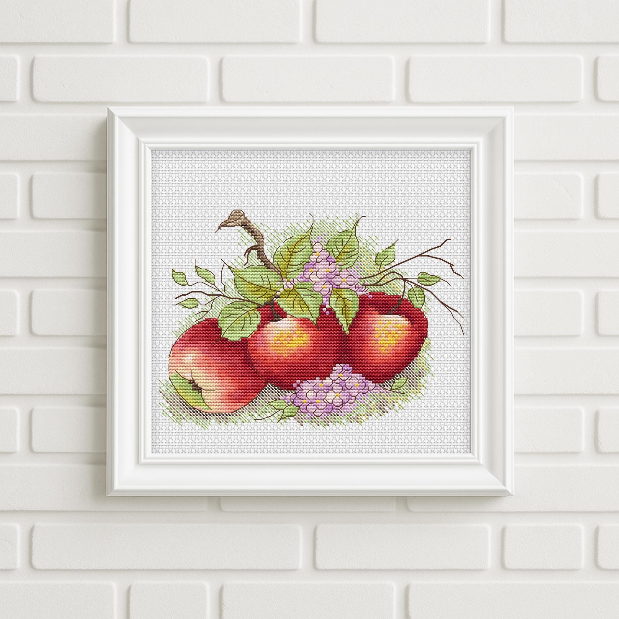 Apples Cross Stitch Pattern, Red Fruits X-stitch, Food Design