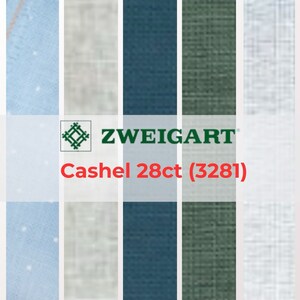 May include: A fabric swatch display featuring various colors and textures. The Zweigart logo is visible, along with the text "Cashel 28ct (3281)". The color palette includes shades of blue, green, and white, with a grid-like arrangement.
