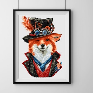Fox steampunk-kruissteekpatroon, pdf-dierengetelde kruissteekkaart, digitaal kruissteekontwerp