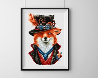 Fox steampunk cross stitch pattern, PDF animal counted cross stitch chart, digital cross stitch design