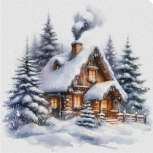 Winter house cross-stitch pattern, Christmas cottage x-stitch design, Xmas country house PDF digital
