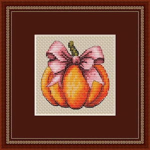 Pumpkin with pink bow cross-stitch pattern, Halloween pumpkin x-stitch design, autumn DIY wall decor, Halloween Crafts PDF Digital file