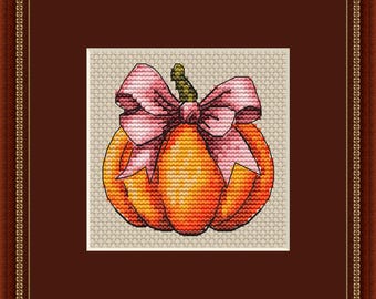 Kürbis mit rosa Schleife Kreuzstichmuster, Halloween Kürbis x-Stich Design, Herbst DIY Wanddekor, Halloween Crafts PDF Digitale Datei