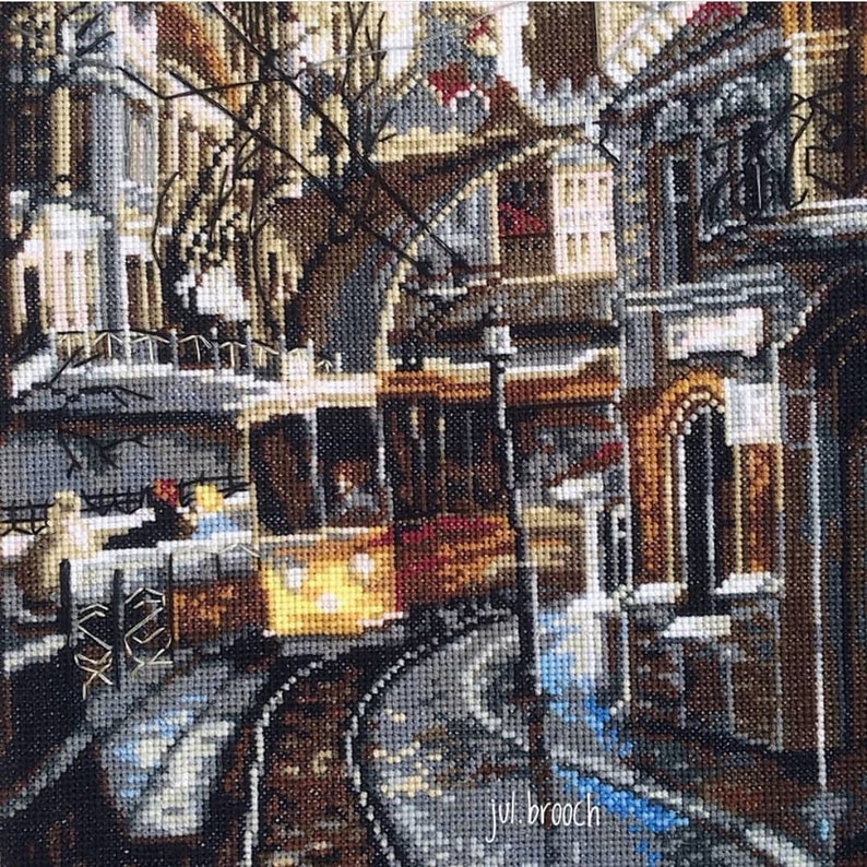 Cross-stitch cityscape kit, tram embroidery pattern, hand embroidered fall city landscape, needlepoint urban picture image 4