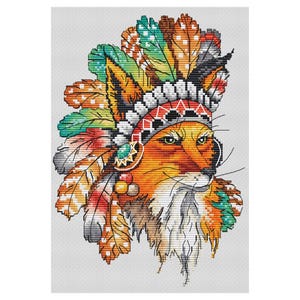Fox cross-stitch pattern, fox an Feather Warbonnet x-stitch design, animal PDF digital file
