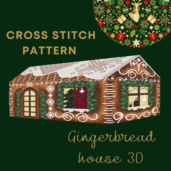 Gingerbread house 3d cross-stitch pattern, Christmas embroidery design, nursery needlepoint, magic mini house