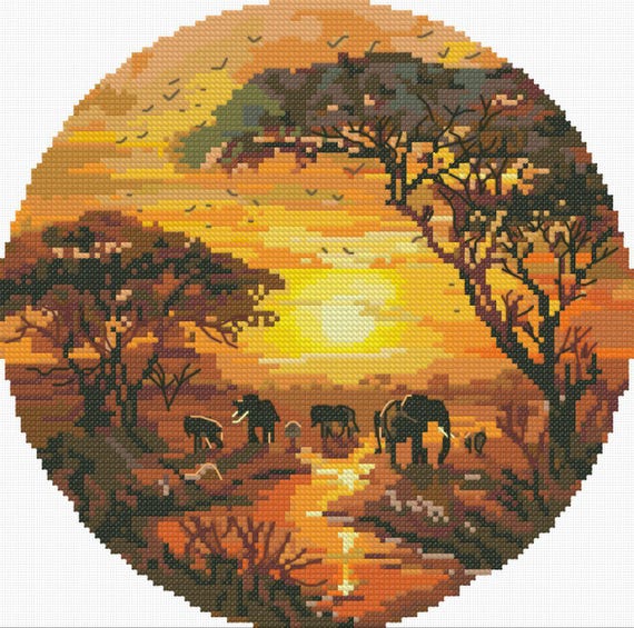 Sun Over Savannah Cross Stitch Pattern, African Landscape X-stitch