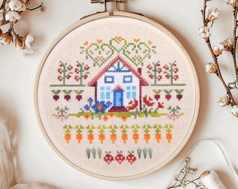 野菜園サンプラークロスステッチキット、カントリーコテージ刺繍キット