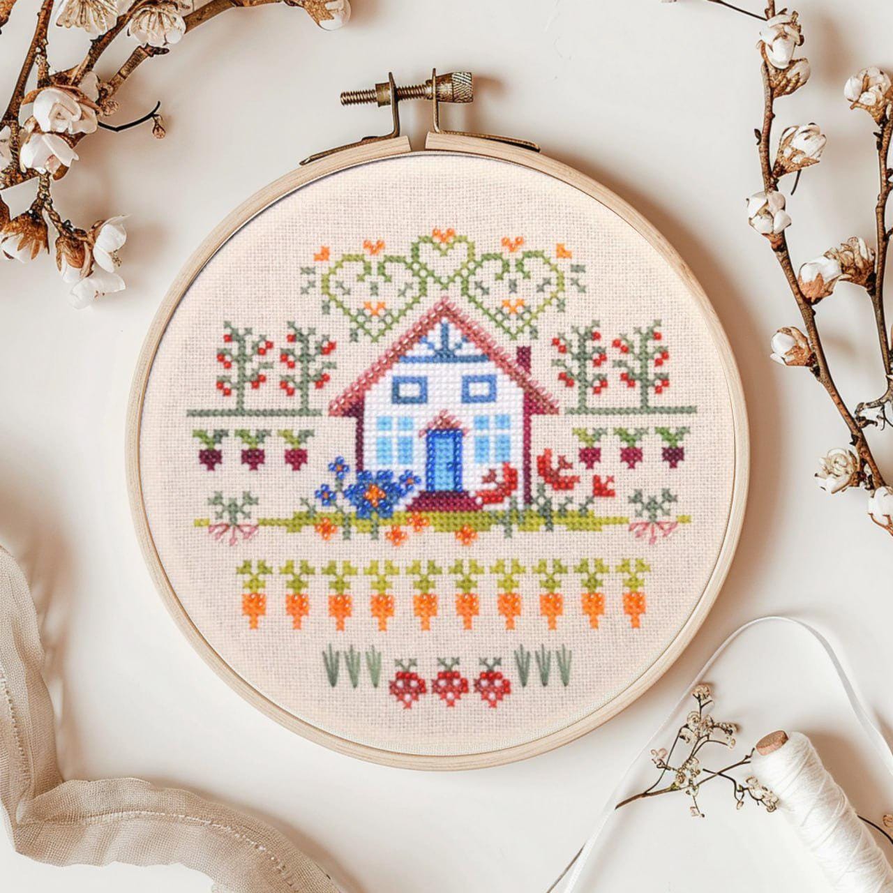 Vegetable Garden Sampler Cross Stitch Pattern, Country Cottage