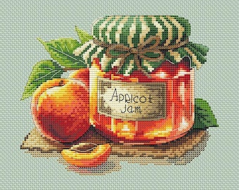 Apricot Jam jar cross stitch pattern, Sweet food x-stitch