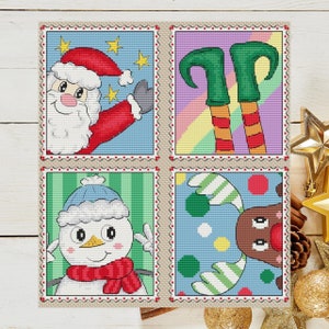 4er Set Weihnachtskreuzstich PDF Muster, Cartoon Weihnachtsmann und Schneemann xstitch, Rentier und Weihnachtself Design, kleine Winter xstitch Muster
