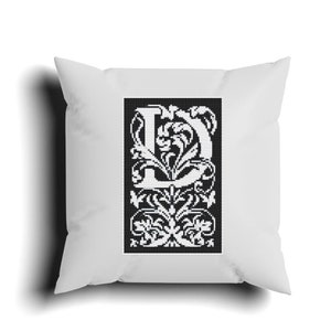 Padrão de ponto cruz monocromático letra D floral, fonte monograma x-stitch pdf, design inicial vintage, alfabeto blackwork contado ponto cruz