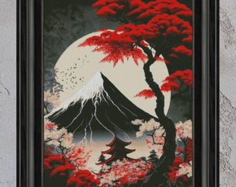 クロスステッチ完成品【富士山】 富士山クロスステッチキット、富士山刺繍、日本の火山ニードルポイント