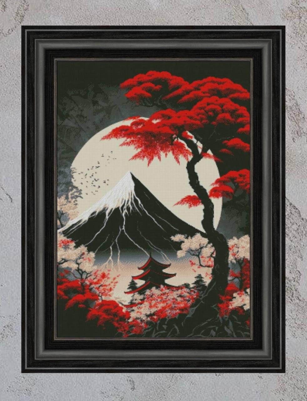 クロスステッチ完成品【富士山】 日本の風景のクロスステッチパターン、桜と富士山のクロスステッチ