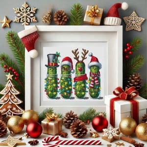 May include: A framed cross-stitch featuring four anthropomorphic pickles in jars, each adorned with Christmas decorations. The pickles are lit with string lights and wear hats, scarves, and reindeer antlers. The frame is surrounded by Christmas ornaments and decorations.