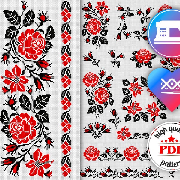Ukrainian floral embroidery, traditional cross stitch embroidery, PES & Saga digital files, vyshyvanka designs