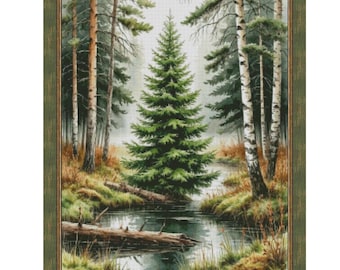 Forest Stream cross stitch pattern, Woodland summer landscape x-stitch, Trees design PDF, spruce, birches file digital