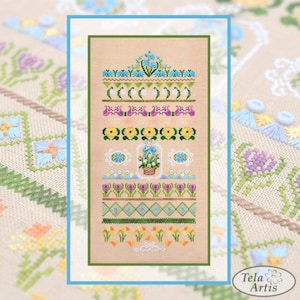Spring flowers sampler cross stitch pattern, primroses, snowdrops & tulips x-stitch design, PDF digital file