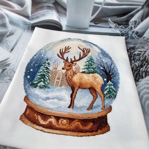 Christmas reindeer cross stitch pattern, winter snow globe embroidery design, modern cross stitch
