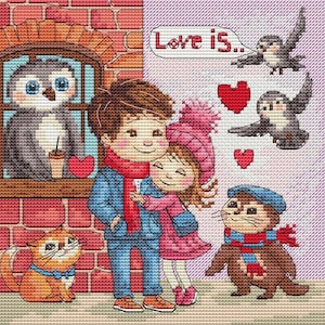 Couple in Love cross stitch pattern, boy and girl romantic x-stitch design, Love is Valentine&#39;s Day gift PDF digital file