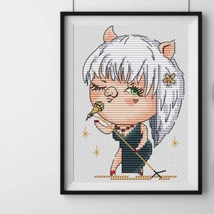 Superstar pig cross-stitch pattern, singer piggy girl x-stitch design, cabaret actress comic chart