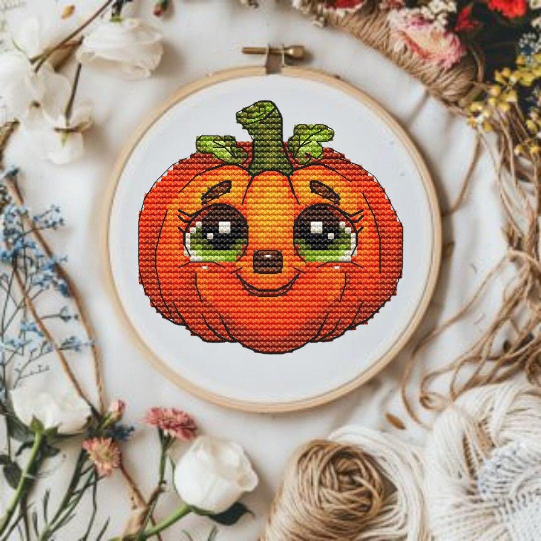 Cute Shy Pumpkin With Green Eyes Cross-stitch Pattern, Halloween ...