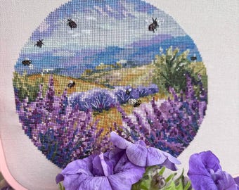 Lavender Field cross stitch pattern, French Provence Landscape x-stitch