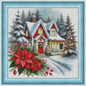 Christmas house cross-stitch pattern, Xmas cottage & red poinsettia x-stitch, winter country landscape