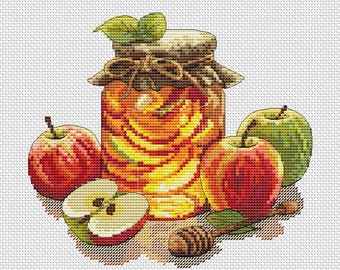 Apples & honey jar cross stitch pattern, Sweet food x-stitch