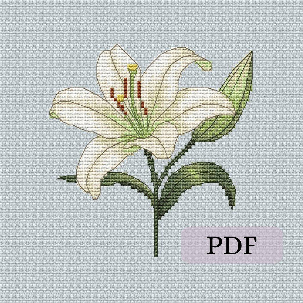 白いユリの花のクロスステッチパターン、花のクロスステッチの壁アート