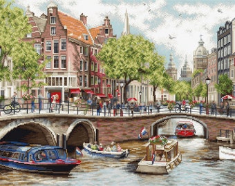 Amsterdam cross-stitch kit, hand embroidery set, DIY canal wall decor, counted needlepoint pattern