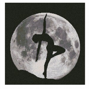 May include: A cross-stitch design featuring a black silhouette of a dancer in a graceful pose against a detailed, textured full moon. The background is a solid black, creating a striking contrast.