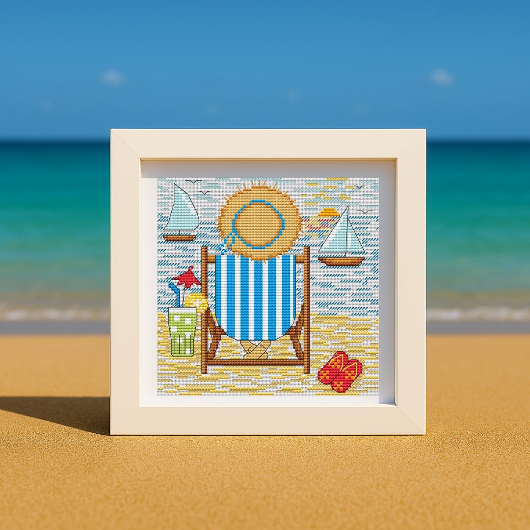 Summer Vacation Cross Stitch Pattern, easy beach sampler x-stitch, Seaside primitive design