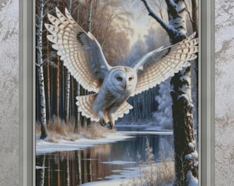 Snowy Owl cross stitch pattern, flying bird x-stitch, river in winter forest design