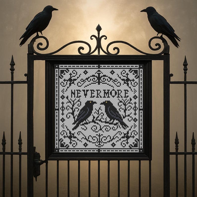 May include: A framed cross-stitch featuring two black crows perched on a branch, with the word "NEVERMORE" above them. The artwork is set against a light background and framed by a black wrought iron gate, with two crow figurines perched on top.