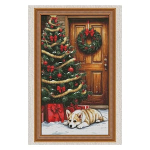 Dog and Christmas tree cross stitch pattern, Christmas door x-stitch