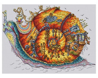 Padrão de ponto cruz de caracol, caracol com chaves, arquivo digital em PDF para ponto cruz.