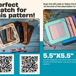 May include: Wooden magnetic cross-stitch hoops in various colors and finishes. The image shows square hoops, some with decorative floral patterns, and a text that says "5.5"X5.5"". The text also mentions the hoops are for plastic canvas, perforated paper, and canvas.