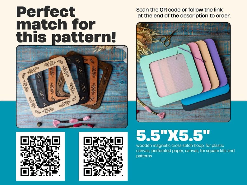 May include: Wooden magnetic cross-stitch hoops in various colors and finishes. The image shows square hoops, some with decorative floral patterns, and a text that says "5.5"X5.5"". The text also mentions the hoops are for plastic canvas, perforated paper, and canvas.