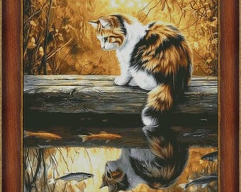 Cat Fisherman cross stitch pattern, kitten, fish & pond x-stitch design, pet realistic digital file