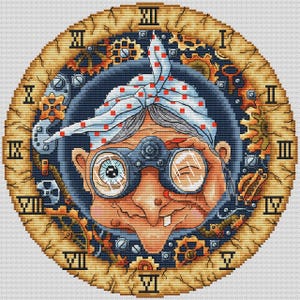 Op de afbeelding: Een grillig klok gezicht met Romeinse cijfers, tandwielen en een cartoon vrouw met een bril en een stippen bandana. Het gezicht van de vrouw is lichtjes ondeugend en ze lijkt naar iets buiten beeld te kijken.