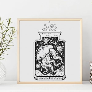 Jellyfish in jar, Cross Stitch Pattern, embroidery for Beginners, monochrome pattern black and white,