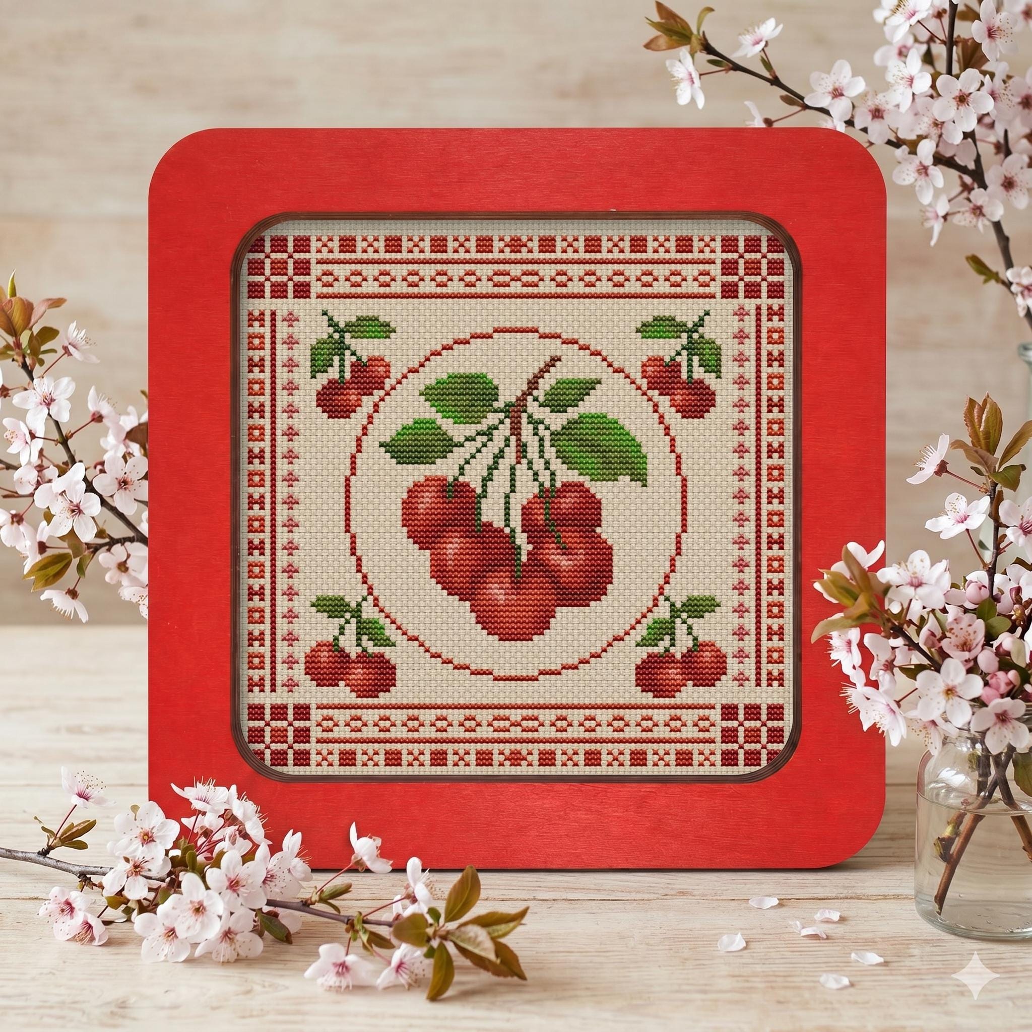 Cherry Sampler Cross Stitch Pattern, Red Berry Easy X-stitch