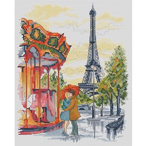 Eiffel Tower & couple in love cross-stitch pattern, romantic Paris x-stitch design, travel lovers gift PDF