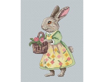 Rabbit Girl Vintage cross stitch pattern, bunny with basket cottagecore x stitch PDF