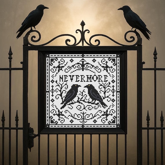 Raven Nevermore cross stitch, Dark Academia pattern, Edgar Poe x-stitch, Halloween simple gothic design