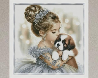 Girl kissing puppy cross stitch pattern, little girl hugs baby dog x-stitch