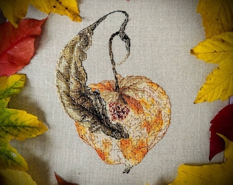 Physalis cross stitch pattern, needlepoint chart embroidery, PDF counted chart, DIY botanical decor