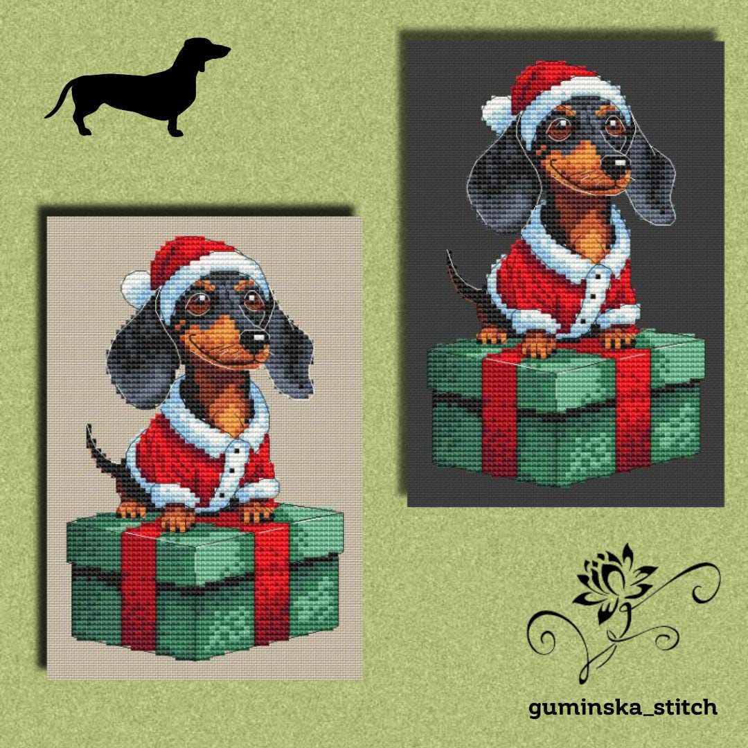 Christmas Dachshund Cross Stitch Pattern, Santa Dog With Gift X-stitch ...